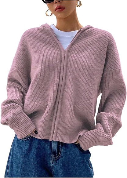 Women's Zip Up Hooded Cardigan Sweater Knitted Drop Shoulder Fall Hoodies Outerwear - Seldom Seen Styles