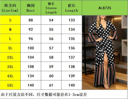 2024Aliexpress wish Amazon new Autumn and Winter European and American Long Sleeve Tied V Collar Print Dress Women's Clothing