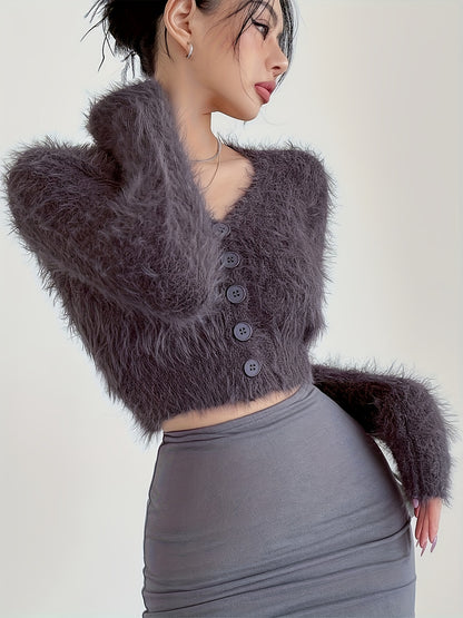 Button Front Fluffy Crop Cardigan, Chic Long Sleeve V Neck Cardigan For Spring & Fall, Women's Clothing