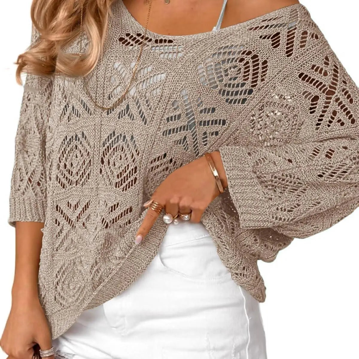 Fisoew Women's Bohemian-Inspired Beige Crochet Top with V-Neck #Springtok #TikTokShopJumpstartSale Casual Chic - Seldom Seen Styles