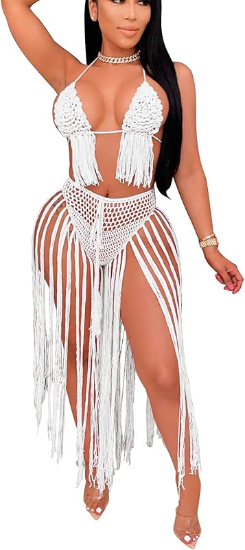 Women Sexy Beach Coverups Summer 2 Piece Outfits Crochet Mesh Fishnet Bikini Top and Maxi Skirt Set - Seldom Seen Styles