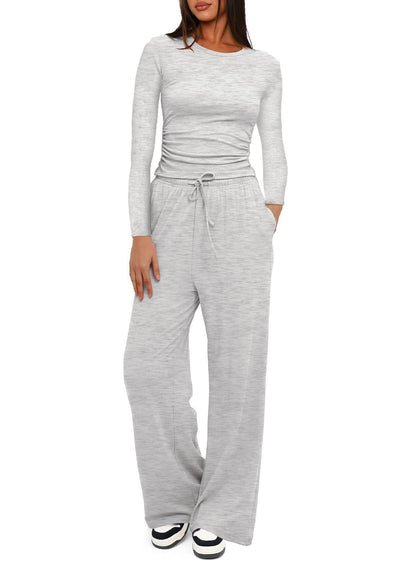 Two-piece Set Women's Solid Ruched Tee & Drawstring Pocket Pants Pajamas Set, Casual Long Sleeve T-shirt & Elastic Waist Trousers, Ladies Sleepwear  Loungewear for All Seasons - Seldom Seen Styles