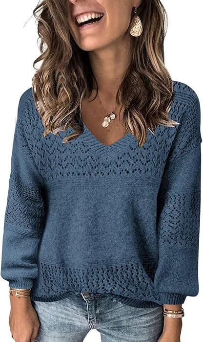Womens Sweaters 2025 Fall V Neck Long Sleeve Hollow Knit Pullover Sweaters for Women - Seldom Seen Styles