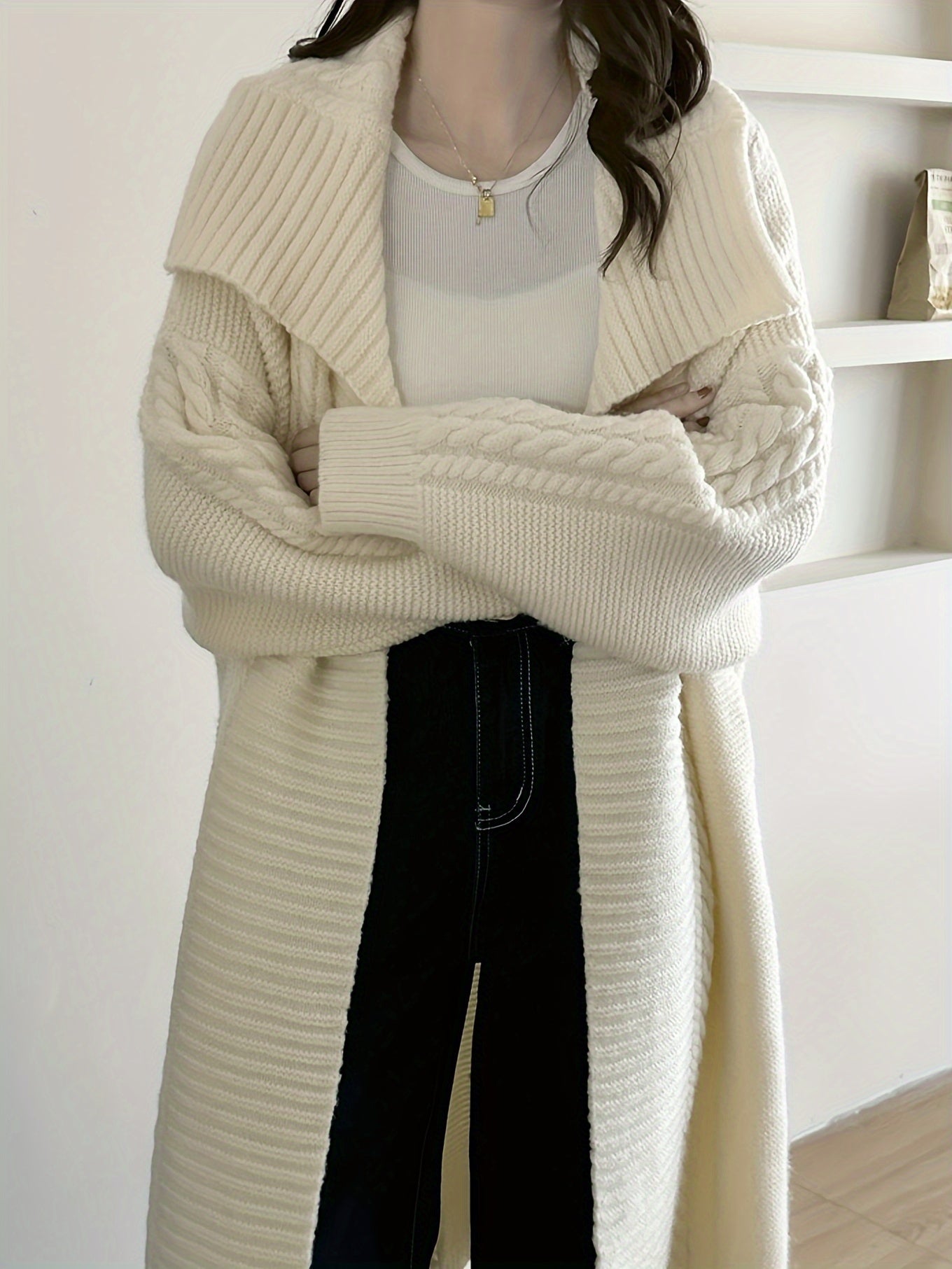 Solid Color Open Front Cardigan, Elegant Long Batwing Sleeve Loose Lapel Cardigan For Fall & Winter, Women's Clothing