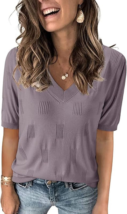 Cloz Womens Sweaters Soft Fall 2024 Fashion Versatile Dressy Blouse Short Sleeve Knit Lightweight Tops Summer Trendy