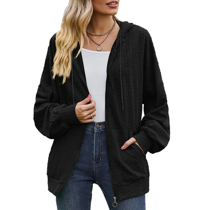 Europe and America Cross Border Foreign Trade2023Amazon Autumn and Winter New Solid Color Pocket Long Sleeve Loose Hooded Sweater Women's Coat