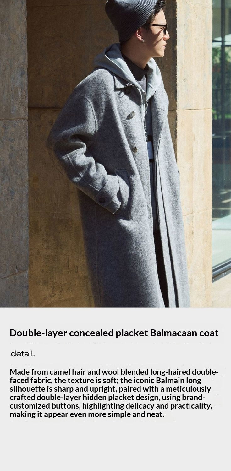 Camel Fleece Wool Blended Long Hair Double-Sided, Winter Shaped Balmacan Medium Long Coat Men's Jacket