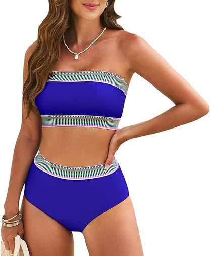 Tube Top Bikini Sets for Women Removable Strap Pad Color Block Two Piece Swimming Suit Swimwear - Seldom Seen Styles