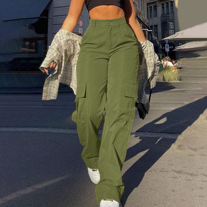 Women's Basic Minimalist Plain Button Front Pocket Cargo Pants, Fashion Y2K Clothes Women, Comfort Casual Street High Waist Wide Leg Trousers For Spring & Fall, Summer Pants, Ladies' Bottoms For Daily Wear, Womenswear, Preppy 80s Clothes - Seldom Seen Styles