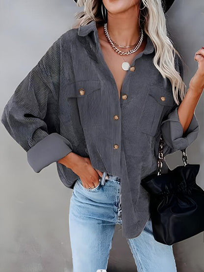 Womens Fashion Cropped Corduroy Shackets Button Down Jackets Tops Fall Trendy Long Sleeve Shirts