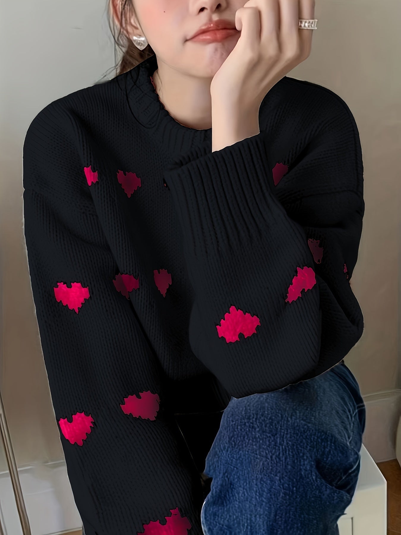 Heart Pattern Crew Neck Pullover Sweater, Valentine's Day Long Sleeve Drop Shoulder Sweater, Women's Clothing