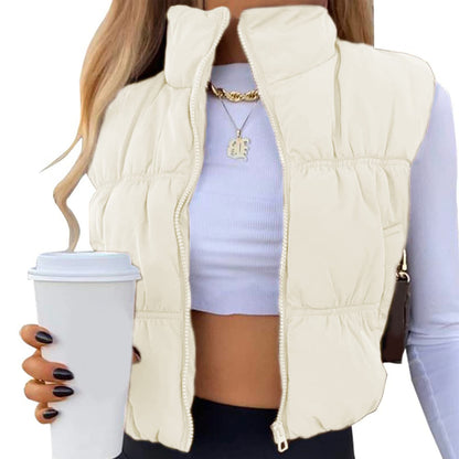 Women's Sleeveless Puffer Vest Zip-Up Stand Collar Trendy Cozy Cropped Outerwear for Stylish Layering