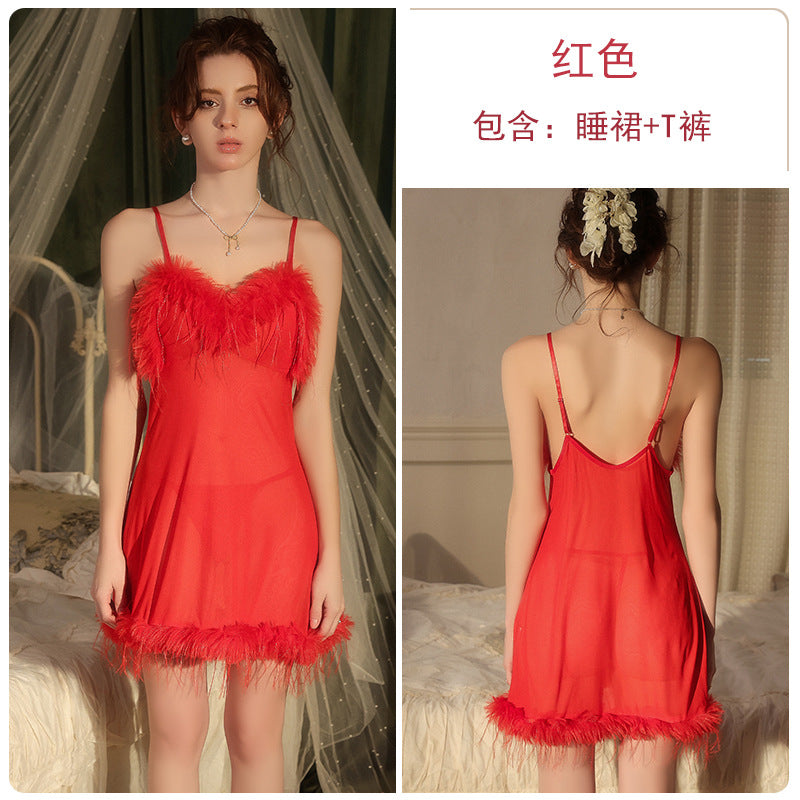 Womens Sexy 3 Piece Fuzzy Lingerie Set Transparent Tulle Nightshirt With Robe and G-String - Seldom Seen Styles