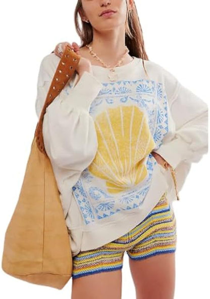 Damen Sommer Lose T-Shirt Stern Patch Langarm Rundhals Casual Tops Streetwear