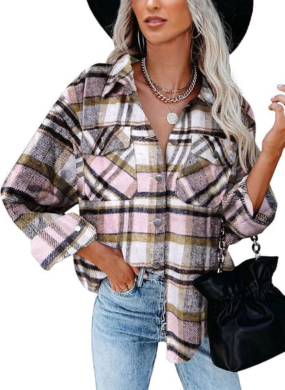 BTFBM Women Shacket Jacket Long Sleeve Button Down Casual Plaid Flannel Shirts Loose Fall Spring Blouses Tops