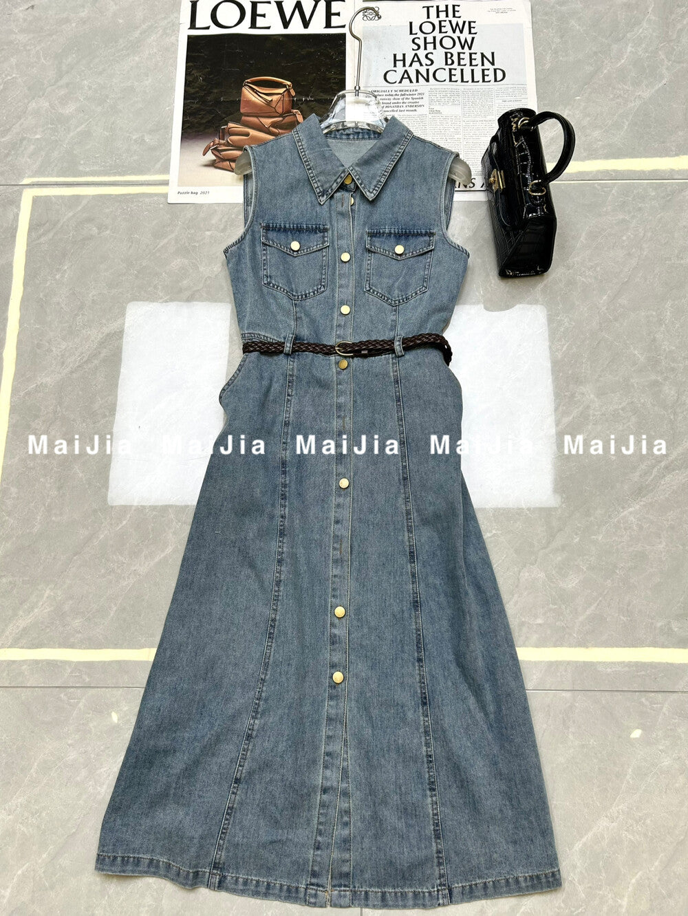 Women's Light Blue Denim Sleeveless A-Line Midi Dress Gold Button Dual Chest Pockets with Free Braided Belt S M L XL - Seldom Seen Styles