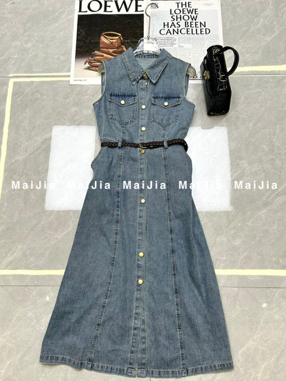 Women's Light Blue Denim Sleeveless A-Line Midi Dress Gold Button Dual Chest Pockets with Free Braided Belt S M L XL