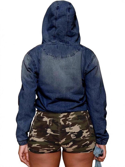 Veste à capuche en jean à demi-fermeture éclair pour femme