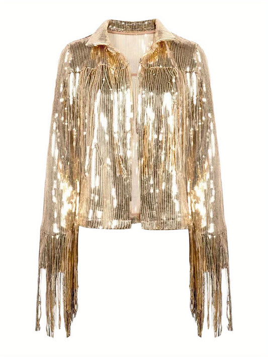 Women's Sequin Party Jacket Shiny Long Sleeve Cardigan Tassel Jacket Suit Nightclub Uniforms