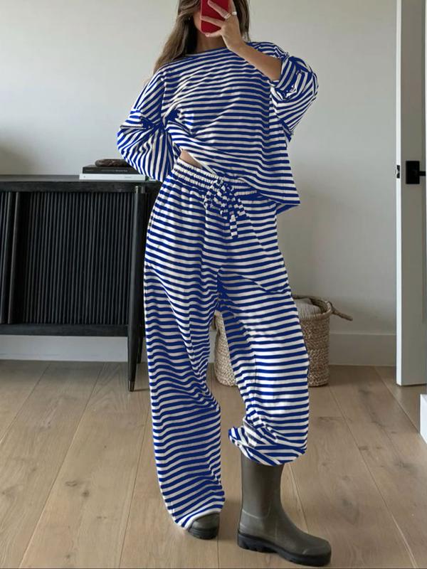 Women's Casual Striped Long Sleeve Top & Pants Set, Comfortable Loose-Fitting Home Wear, Fashionable Two-Piece for Daily Use - Seldom Seen Styles