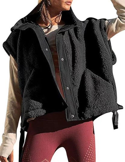 Gilet polaire sherpa chaud pour femme, décontracté, confortable, sans manches, boutonné, avec poches