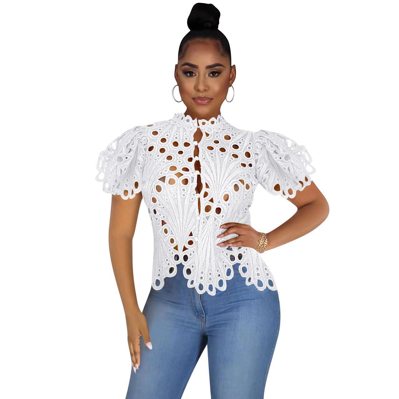 Women’s Sexy Ruffle Long Sleeve Summer Lace Tops 2024 Puff Flare Shirt V Neck Hollow Out Button Down Tunic Blouses