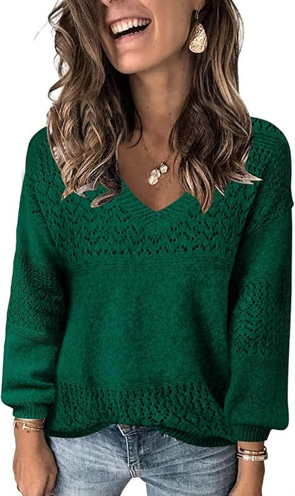 Womens Sweaters 2025 Fall V Neck Long Sleeve Hollow Knit Pullover Sweaters for Women - Seldom Seen Styles