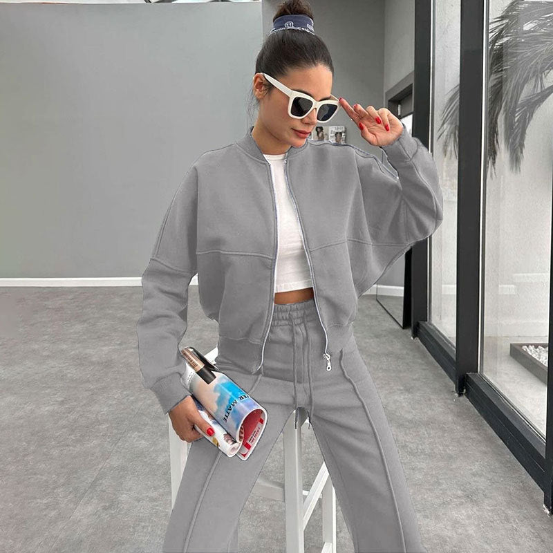 Women's Solid Zip Up Crop Jacket & Drawstring Waist Pants Two-piece Set, Casual Fashion Drop Shoulder Long Sleeve Top & High Waist Trousers Womenswear Suits for Outdoor Wear, Women's Clothing for Spring & Fall 90s Clothes