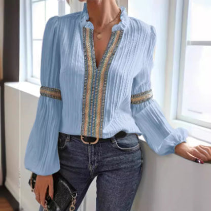 Women’s Lace Trim V Neck Lantern Long Sleeve Blouses Oversized Dressy Casual Loose Fit Business Work Shirts Tops