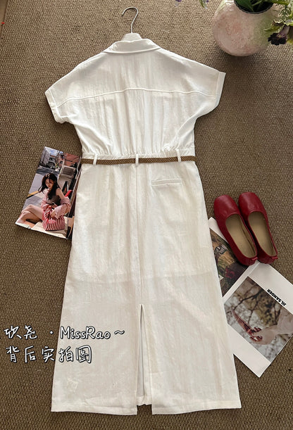 French Style Collared Short Sleeve Shirt Dress A-Line Midi Dress with Woven Belt Included White Black Khaki