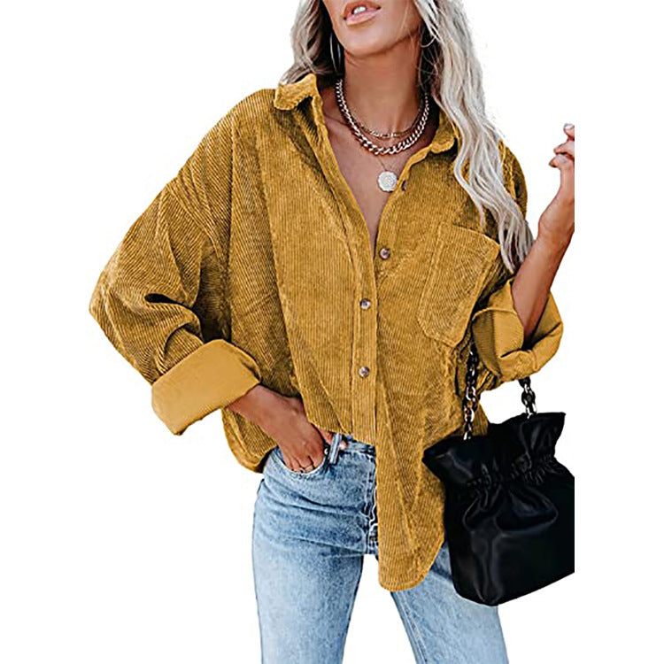 Dokotoo Womens Corduroy Button Down Shirts Boyfriend Long Sleeve Oversized Blouses Tops