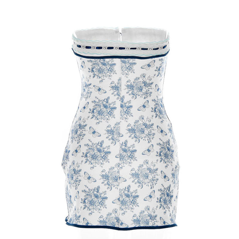Floral Lace Trim Tie Front Hook And Eye Detail Strapless Mini Dress - Blue - Seldom Seen Styles