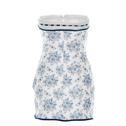 Geblümtes Spitzenbesatz-Kleid mit Bindedetail, Haken- und Ösendetail, trägerlos, Mini – Blau