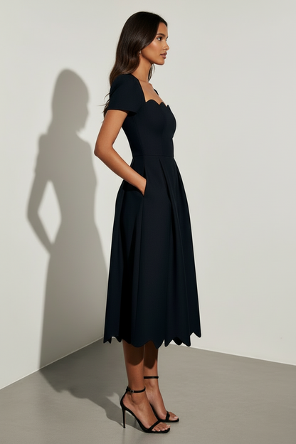 Scalloped Neckline Midi Dress with Refined Silhouette