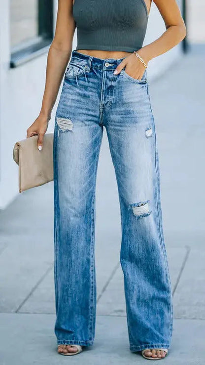 Women's High Rise Flare Jeans Dark Wash Distressed Knee Button Fly Casual Denim