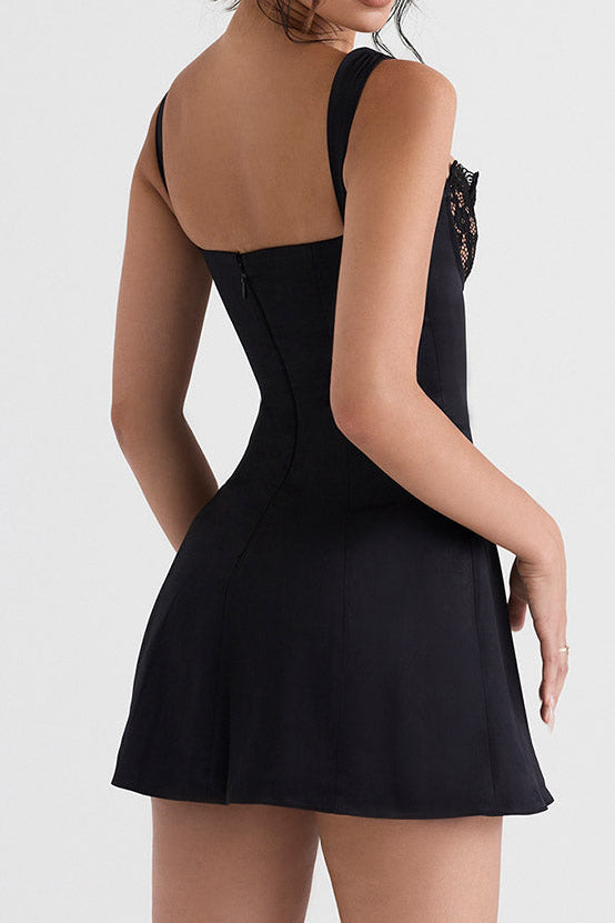 Glossy Satin Floral Lace Tie Front Sleeveless Mini Dress - Black - Seldom Seen Styles