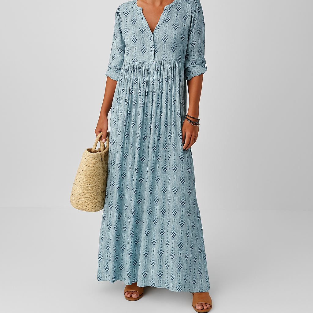 Women's V-Neck Boho Print Maxi Dress - Loose Fit Straight Cut Long Sleeve Cotton Gown - Seldom Seen Styles