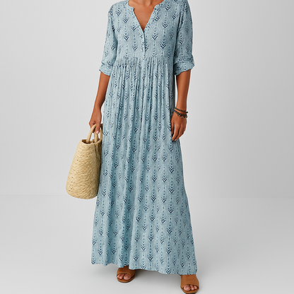 Damen Maxikleid mit V-Ausschnitt und Boho-Print – lockere Passform, gerader Schnitt, Langarm, Baumwolle