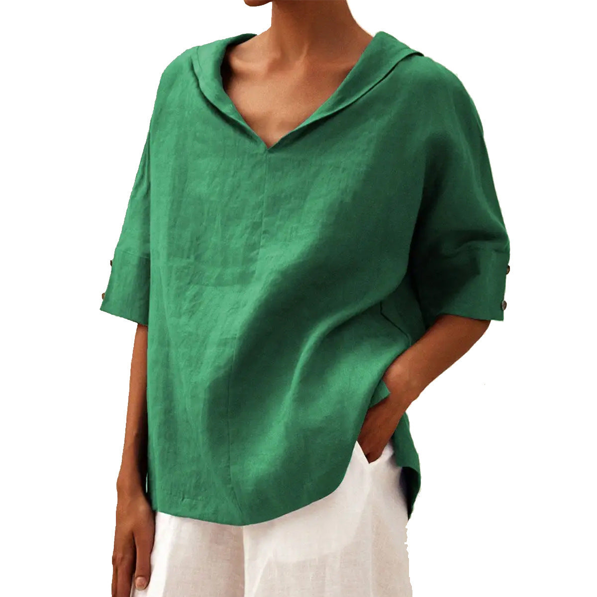 Green Veda Bremen classic linen blouse with V-neck, lightweight and stylish for casual or office wear.