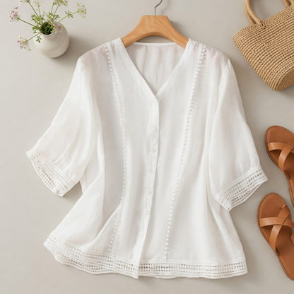 Women's V Neck Button Down Blouse Lightweight Loose Fit Short Sleeve Summer Top