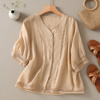 Women's V Neck Button Down Blouse Lightweight Loose Fit Short Sleeve Summer Top