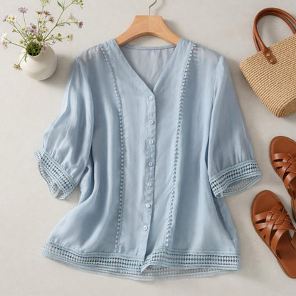 Women's V Neck Button Down Blouse Lightweight Loose Fit Short Sleeve Summer Top
