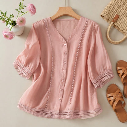 Women's V Neck Button Down Blouse Lightweight Loose Fit Short Sleeve Summer Top