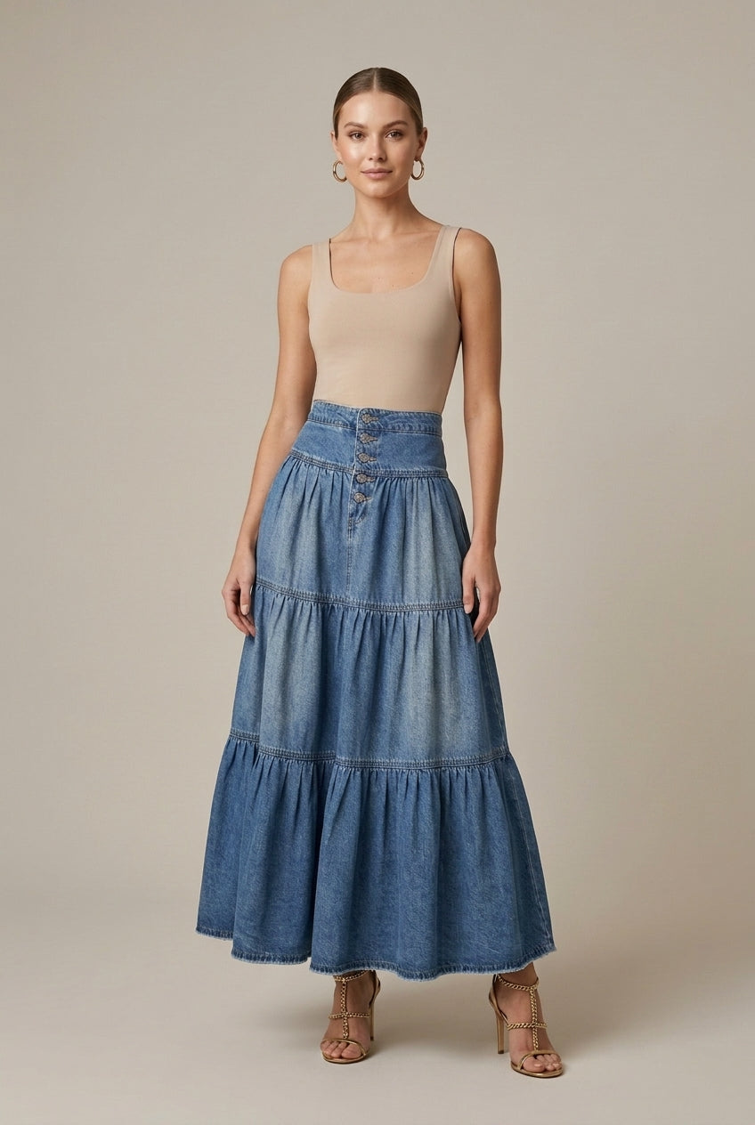 Women's Denim Maxi Skirt Tiered Button-Front