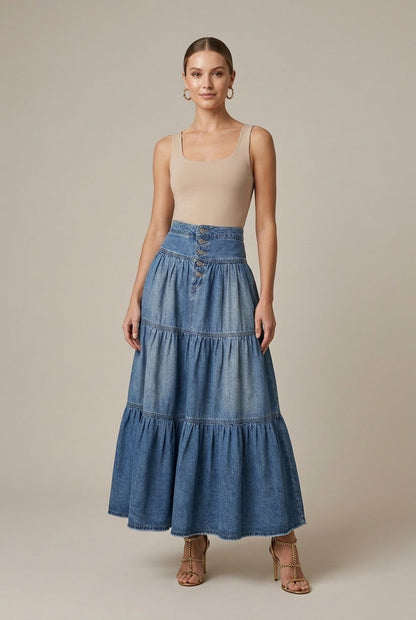 Women's Denim Maxi Skirt Tiered Button-Front
