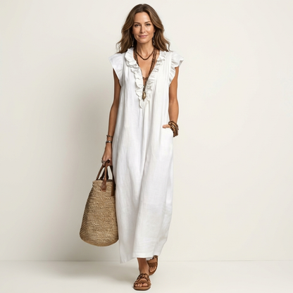 Women's Ruffle V-Neck Linen Maxi Dress Flutter Sleeve Loose Fit Summer Casual Vacation Dress