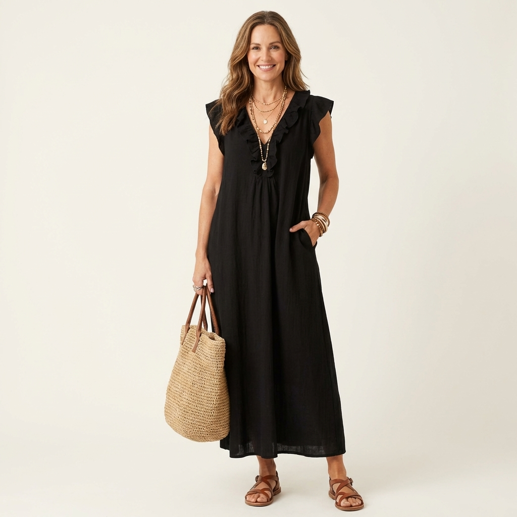 Women's Ruffle V-Neck Linen Maxi Dress Flutter Sleeve Loose Fit Summer Casual Vacation Dress - Seldom Seen Styles