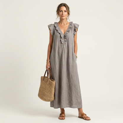 Women's Ruffle V-Neck Linen Maxi Dress Flutter Sleeve Loose Fit Summer Casual Vacation Dress
