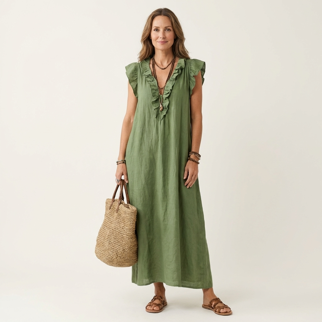 Women's Ruffle V-Neck Linen Maxi Dress Flutter Sleeve Loose Fit Summer Casual Vacation Dress - Seldom Seen Styles