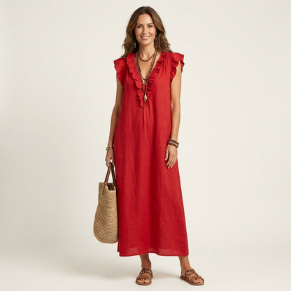 Women's Ruffle V-Neck Linen Maxi Dress Flutter Sleeve Loose Fit Summer Casual Vacation Dress